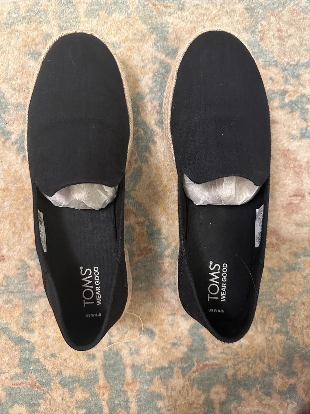 Toms Black Canvas Carolina Slip-On Espadrilles, Size 8.5